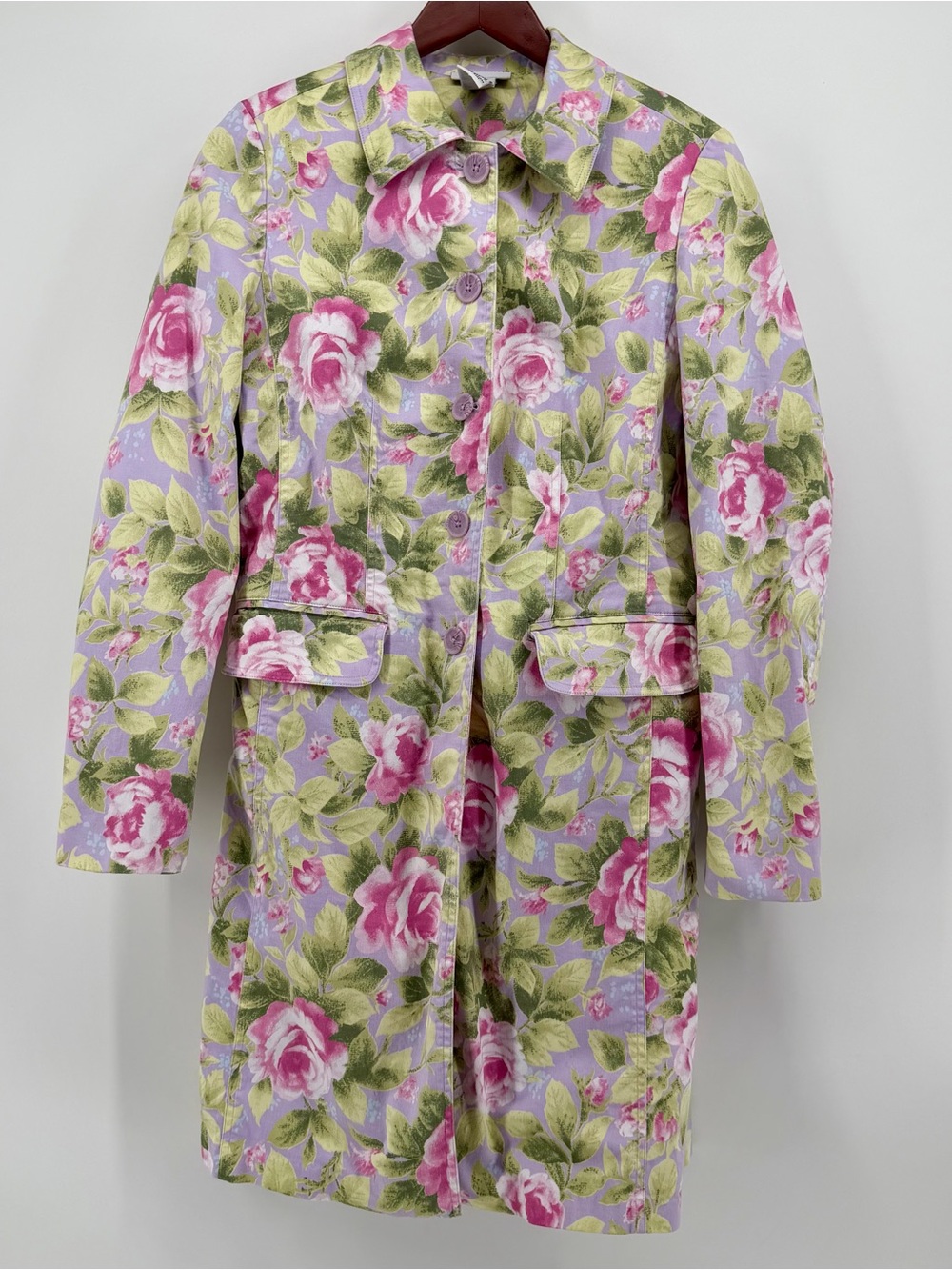Jaclyn Smith Size Medium Floral Rose Trench Coat Duster Jacket Lilac